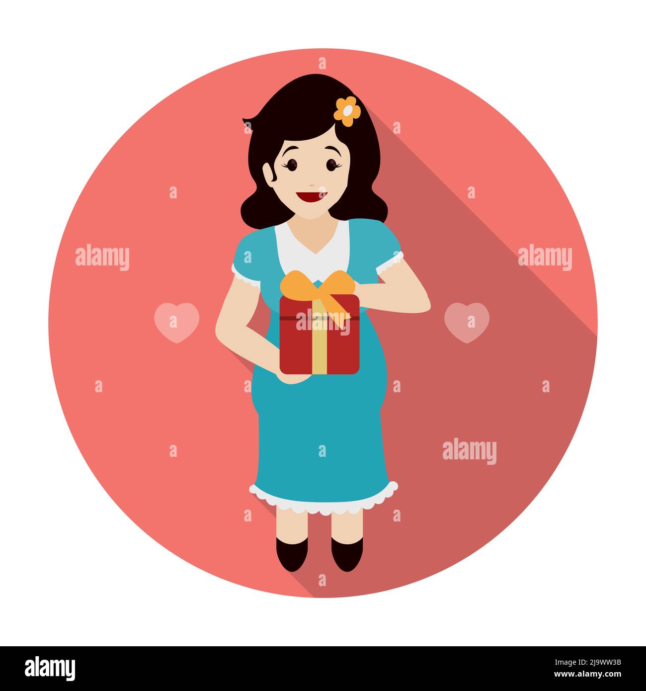 Knopf mit Herzen und niedliche Schwangeren Mutter hält ein Geschenk in den Händen. Design in flachem Stil und langen Schatteneffekten. Stock Vektor