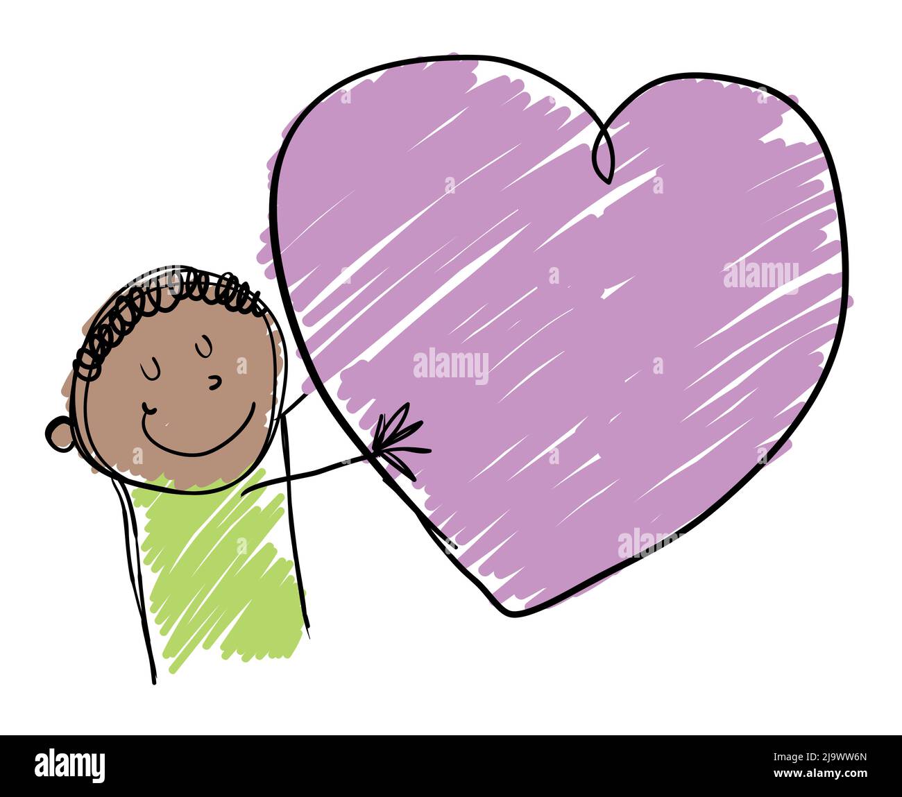 Zarte Brünette Junge umarmt ein rosa Herz als Symbol in der Liebe Ausdruck. Illustration im kindlichen Doodle-Stil. Stock Vektor