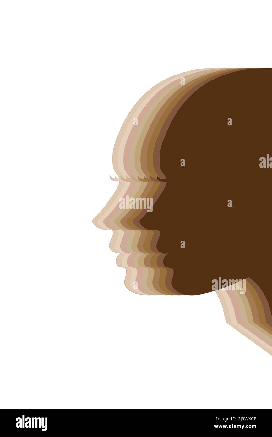 Silhouette des Kopfes einer jungen Frau im Profil, mit einem Verlauf von warmen Hauttönen, als Konzept von Feminismus, Gleichheit und Frauen-Empowerment, gegen mac Stockfoto
