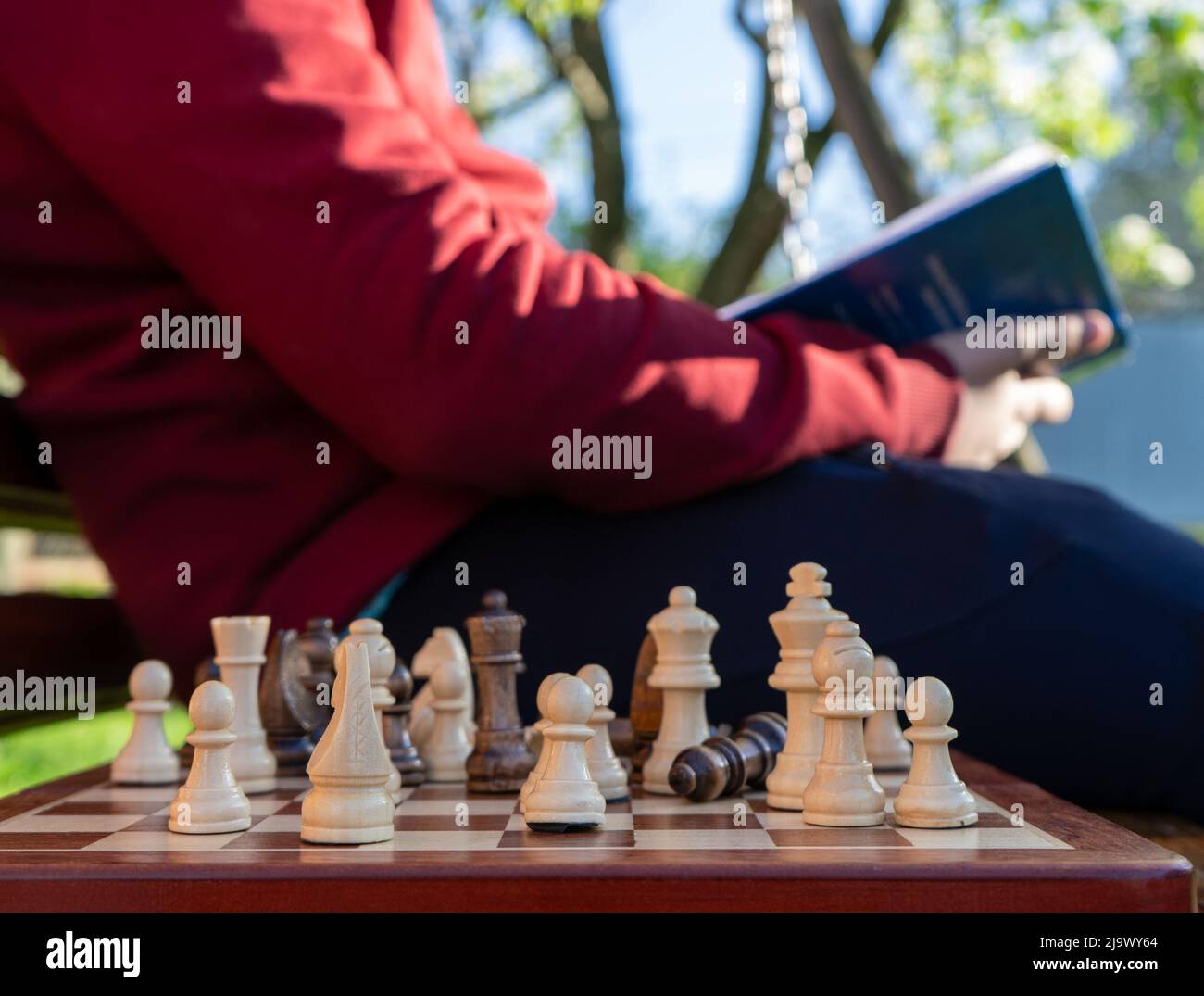 Holzschach, ein Schachspieler studiert im Hintergrund und liest ein Buch. Bildungskonzept, intellektuelles Spiel, Training, Turnier Stockfoto