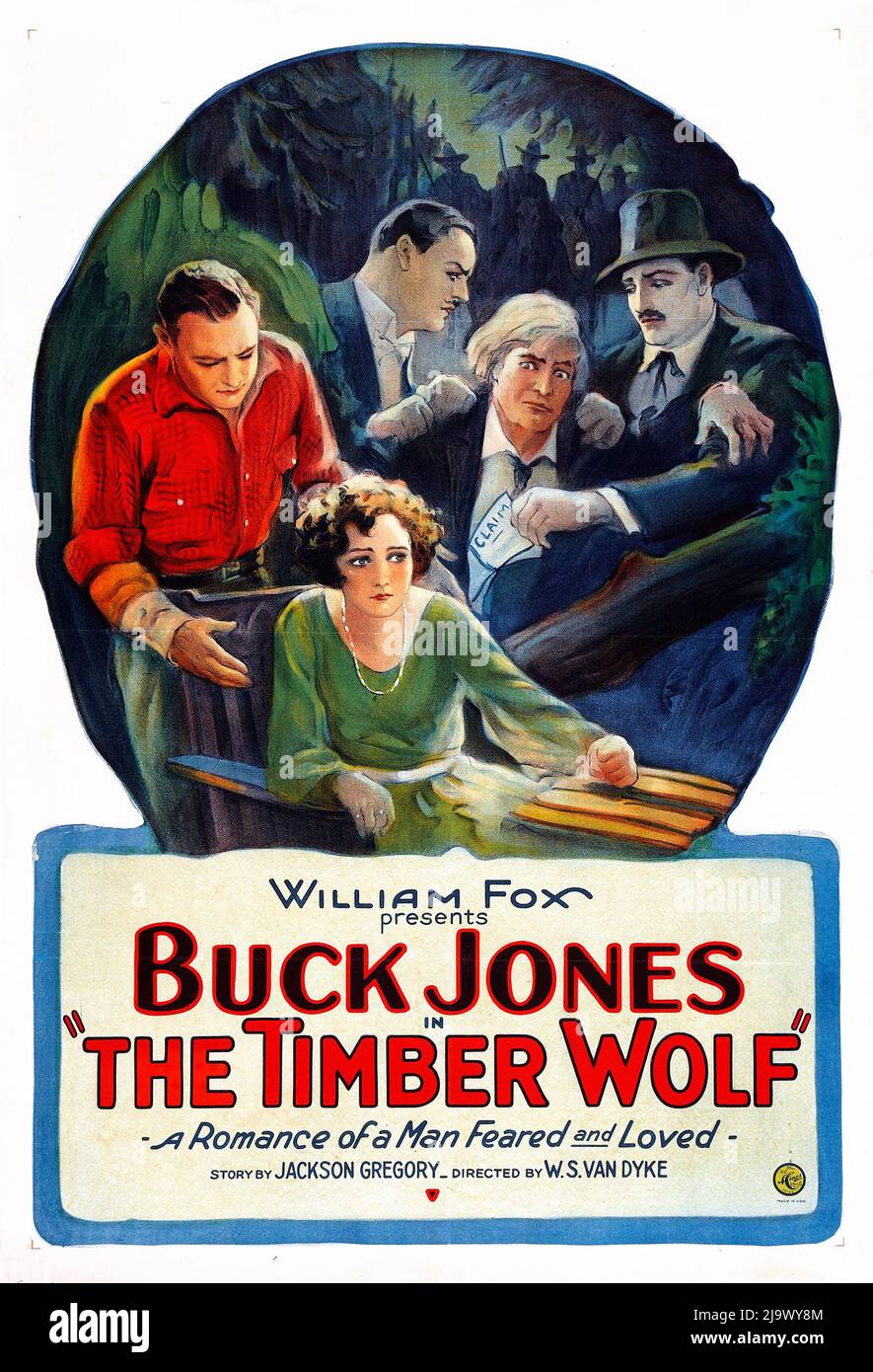 Buck Jones - Vintage Filmposter für den amerikanischen Stummfilm The Timber Wolf aus dem Jahr 1925. Stockfoto