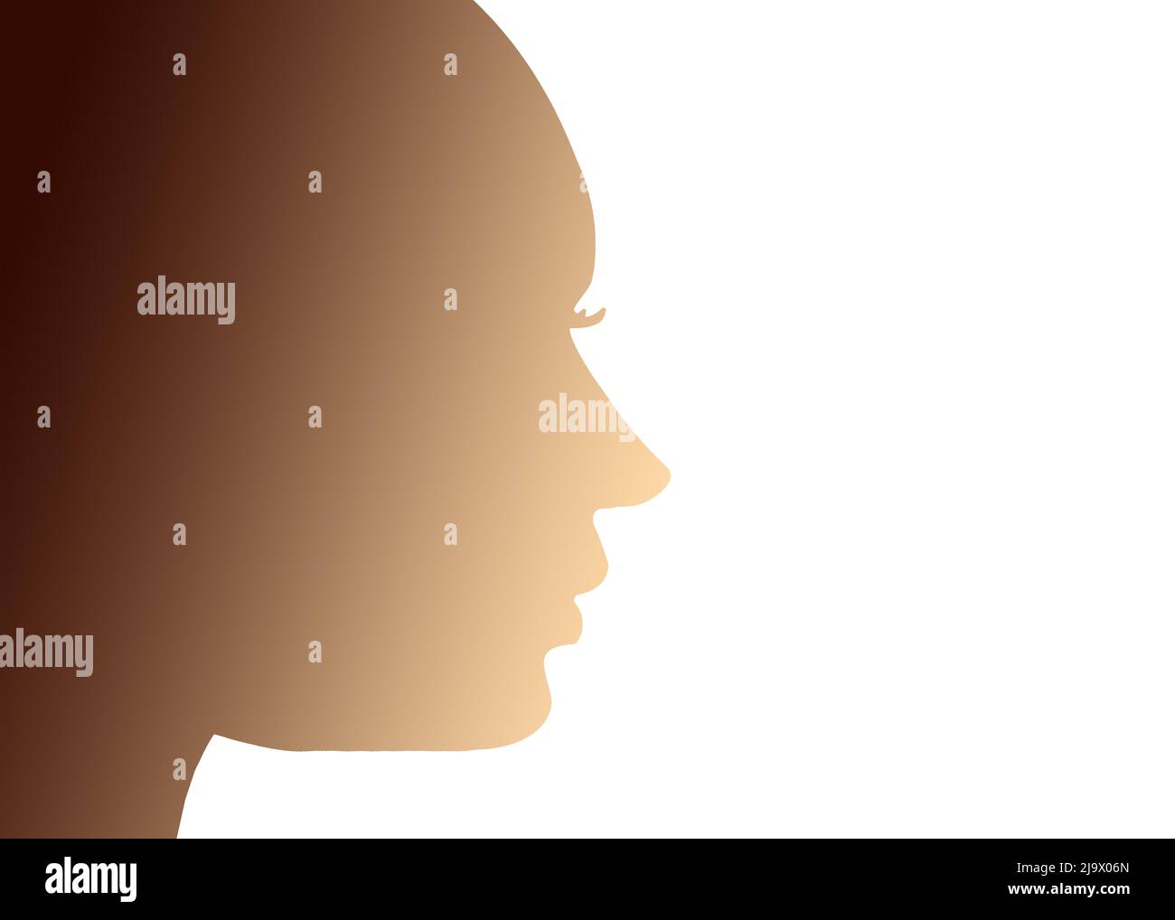 Silhouette des Kopfes einer jungen Frau im Profil, mit einem Verlauf von warmen Hauttönen, als Konzept von Feminismus, Gleichheit und Frauen-Empowerment, gegen mac Stockfoto