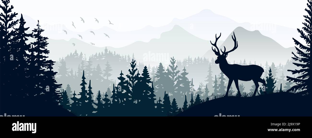 Horizontales Banner. Silhouette eines Hirsches, der auf der Wiese im Wald steht. Silhouette von Tier, Bäumen, Gras. Magische neblige Landschaft, Nebel, Berge. Grau Stockfoto
