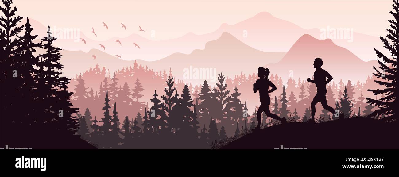 Silhouette von Jungen und Mädchen joggen. Wald, Wiese, Berge. Horizontales Banner. Violette Abbildung. Stockfoto