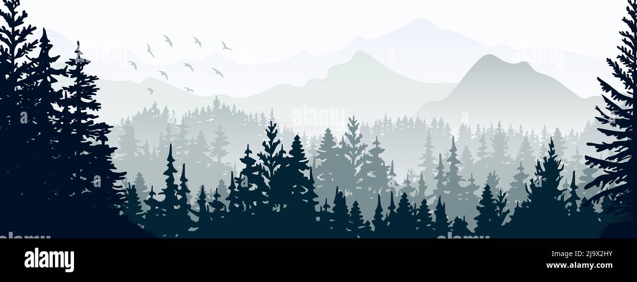 Horizontales Banner. Magische neblige Landschaft. Silhouette aus Wald und Bergen, Nebel. Naturhintergrund. Grau-weiß-Darstellung. Lesezeichen. Stock Vektor