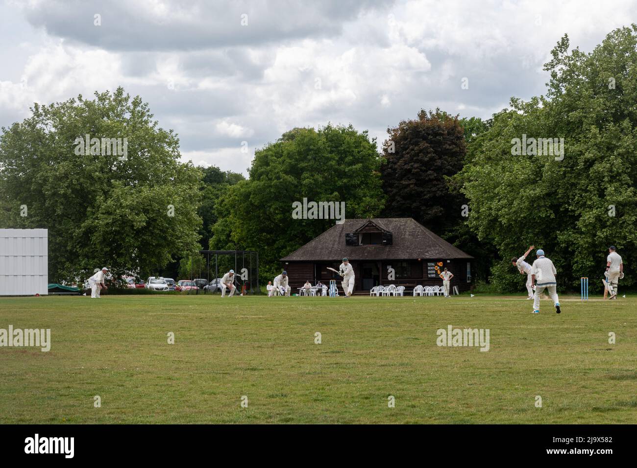 Cricket-Spiel im Dorf in Shalford, Surrey, England, Großbritannien Stockfoto