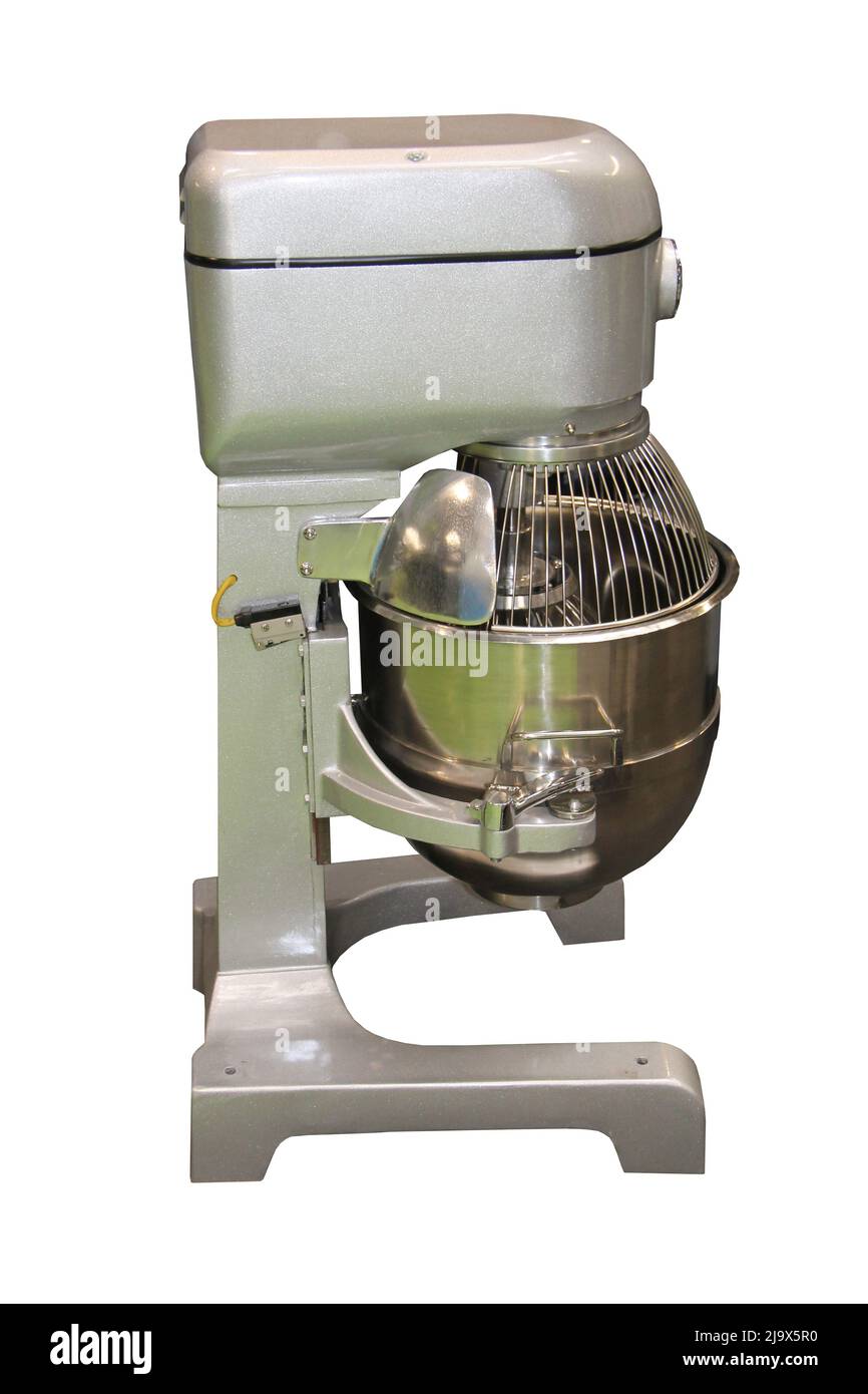Eine gewerbliche Küche, industrielle Mischmaschine und Schüssel. Stockfoto
