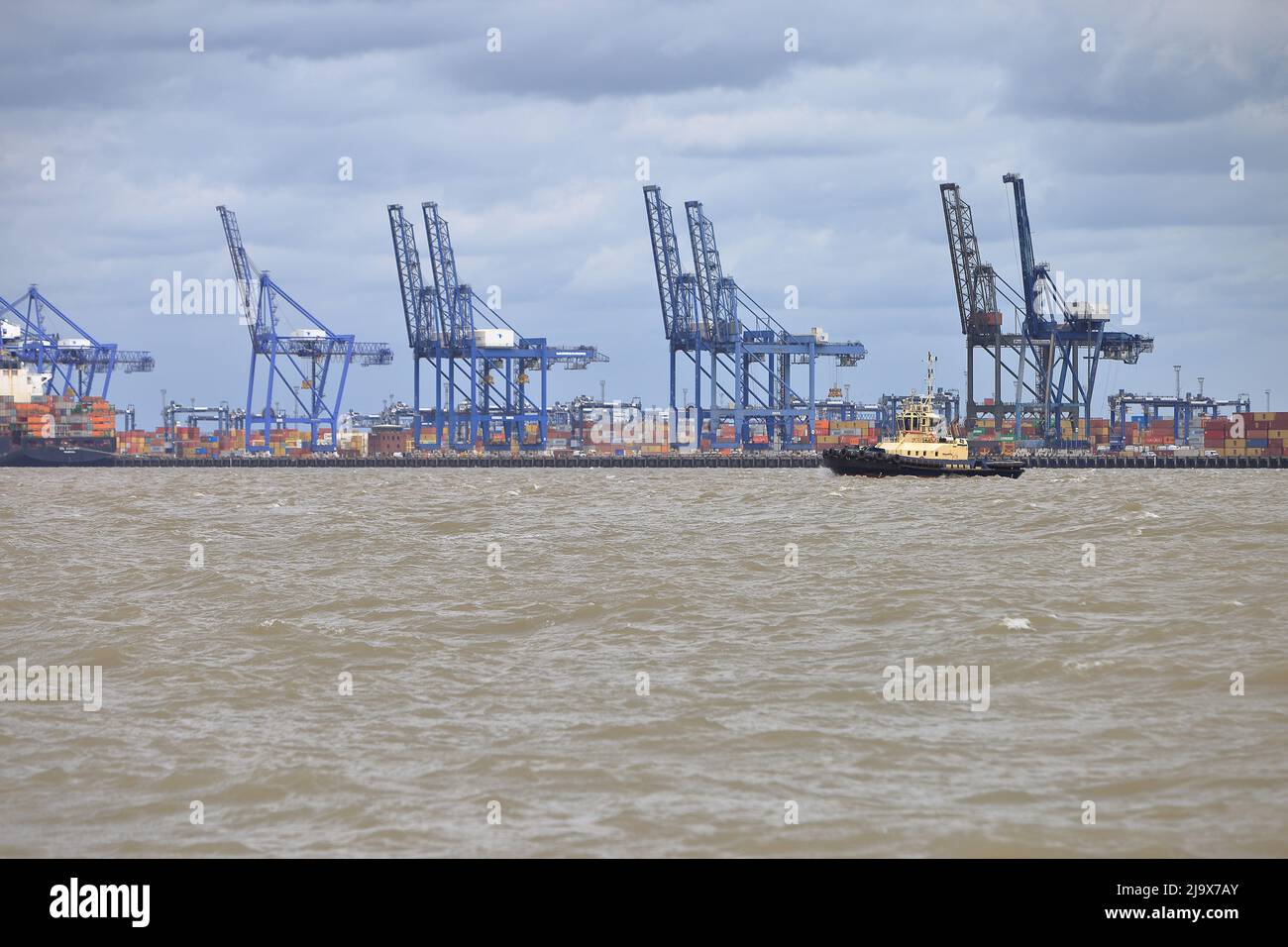 Schleppboot Svitzer Shotley unterstützt ein Containerschiff bei der