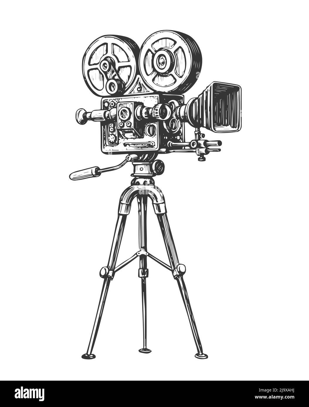 Retro-Filmkamera mit Film auf Stativen. Handgezeichnete Videokamera. Vintage-Vektorgrafik Stock Vektor