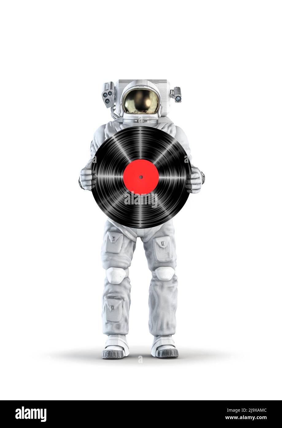 Astronaut mit Vinyl-Schallplatte - 3D Abbildung des Raumanzugs mit männlicher Figur, die Musik-LP isoliert auf weißem Studiohintergrund hält Stockfoto