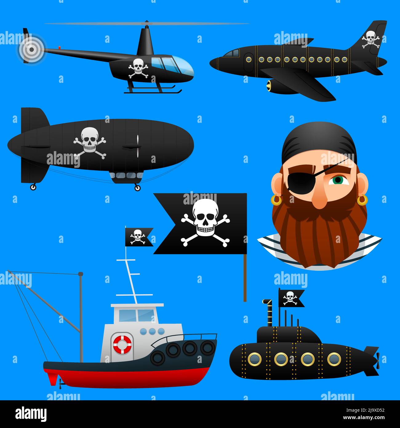 Sammlung von Piratentransport, Satz von Flugzeugen und Booten mit Piraten-Symbole. Vektorgrafik. Stock Vektor