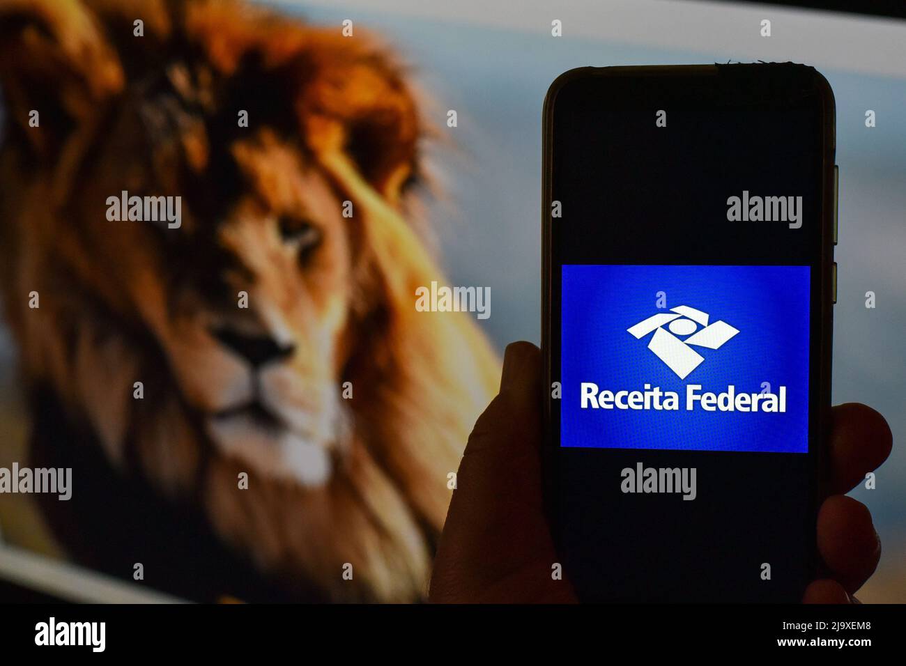 São PAULO, SP - 25.05.2022: IMPOSTO DE RENDA 2022 - die Federal Revenue eröffnet Konsultationen für die erste Charge der Einkommenssteuer 2022 Rückerstattung, für das Basisjahr 2021. Auf dem Foto das Federal Revenue-Logo auf einem Handybildschirm und im Hintergrund ein Löwe, diesen Mittwoch (25) (Foto: Roberto Casimiro/Fotoarena) Stockfoto