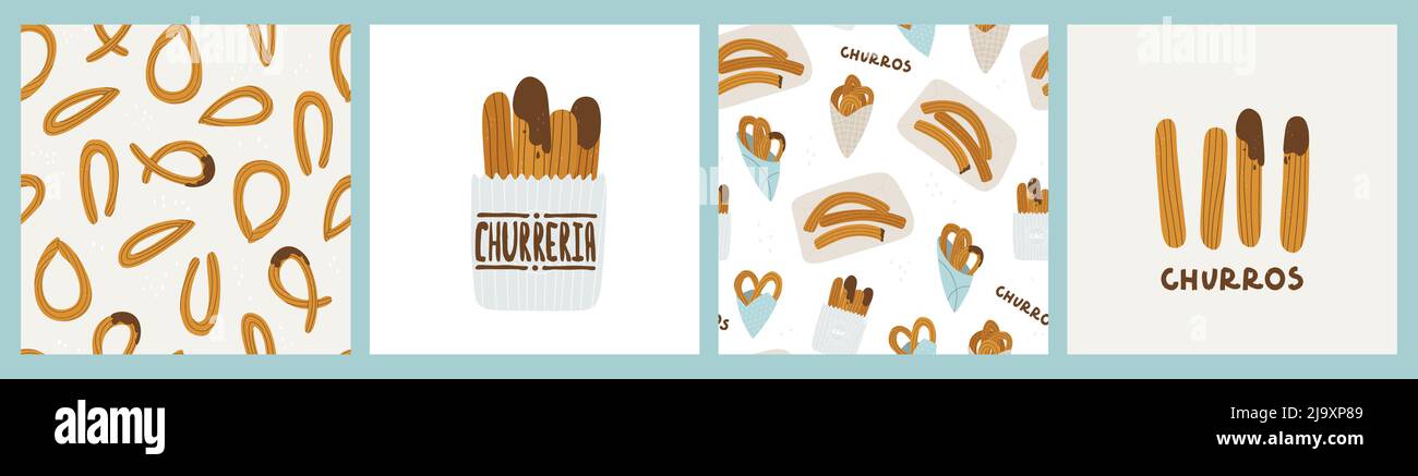 Churros. Satz von Vektorgrafiken und nahtlosen Mustern für Churreria. Traditionelles spanisches, Madrider oder mexikanisches Gebäck zum Frühstück. Stock Vektor