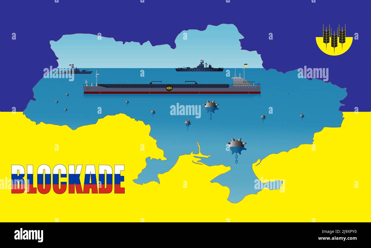 Abbildung eines ukrainischen Massengutfrachters mit Getreide, das von Minen und russischen Schiffen im Schwarzen Meer blockiert wird. Karte der Ukraine auf einer gelb-blauen Flagge. Stock Vektor