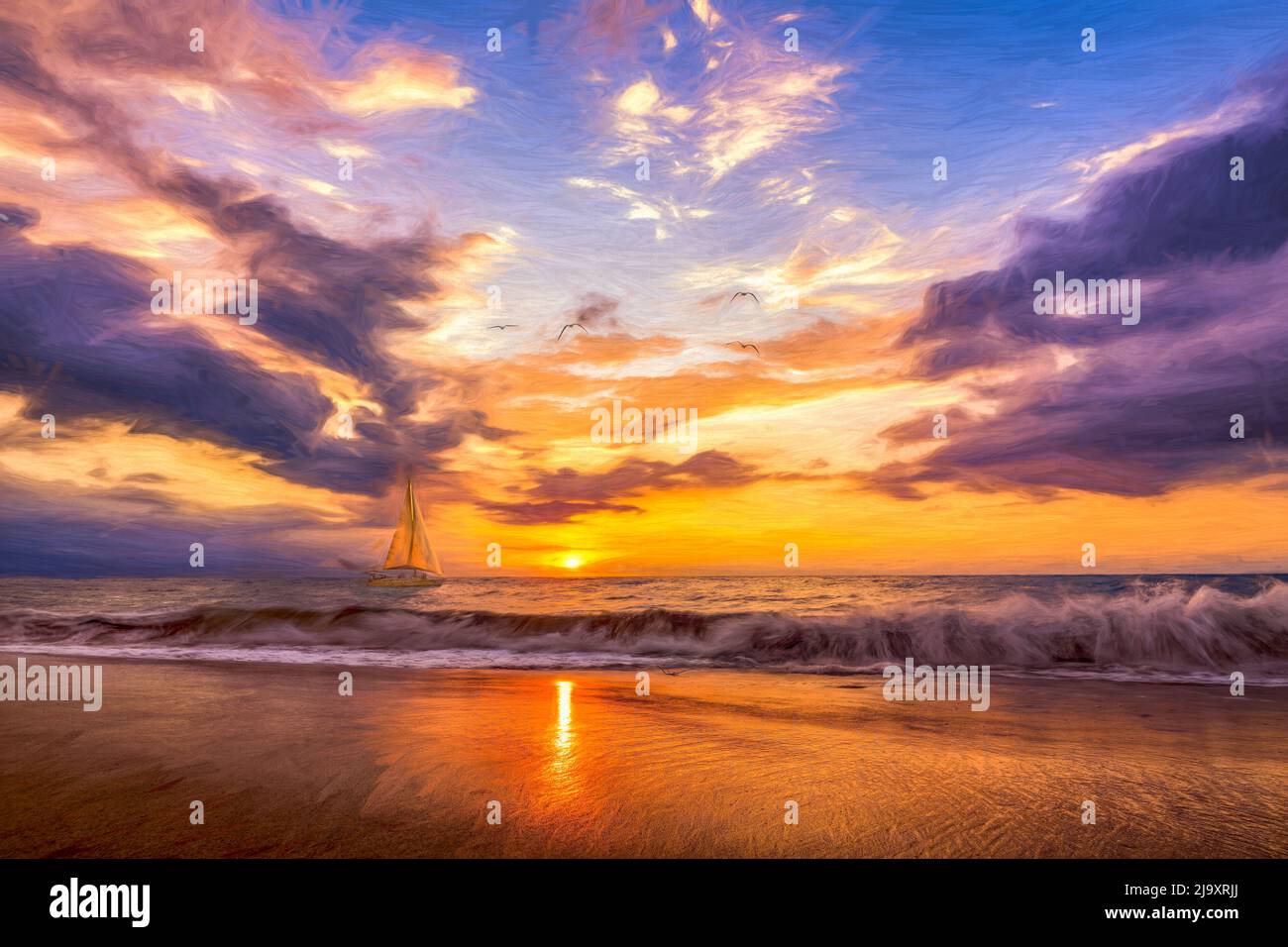 Ein Segelboot segeln entlang des Ozeans gegen EINE bunte Ocean Sunset Sky Im Illustration Painting Format Stockfoto