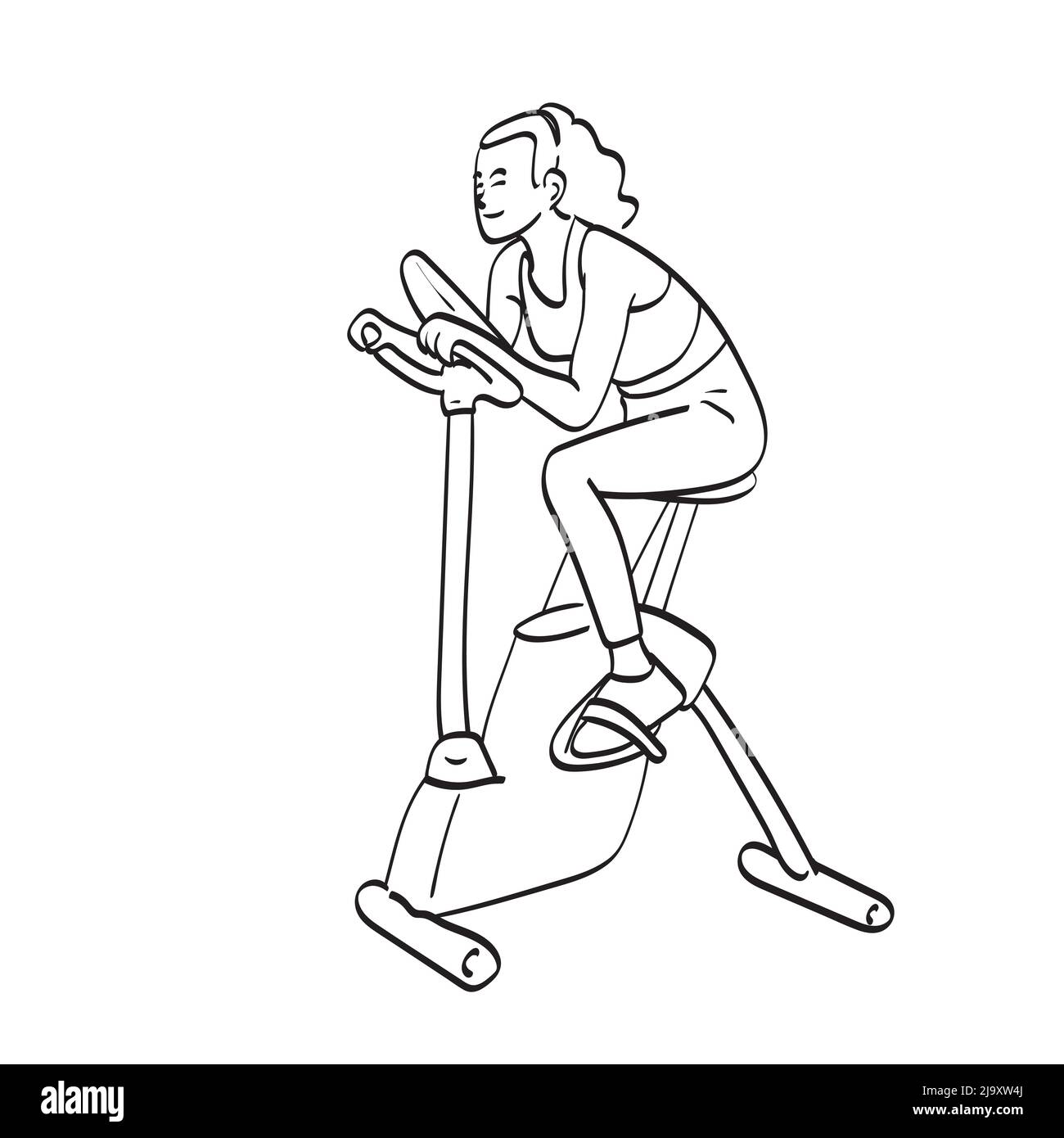 Sportliche Frau dreht sich auf einem Cyclette Illustration Vektor von Hand gezeichnet isoliert auf weißem Hintergrund Linie Kunst Stock Vektor