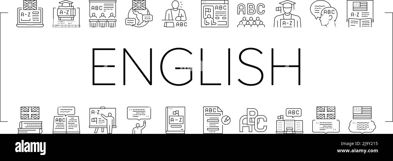 Englische Sprache Lernen An Der Schule Icons Set Vector Stock Vektor
