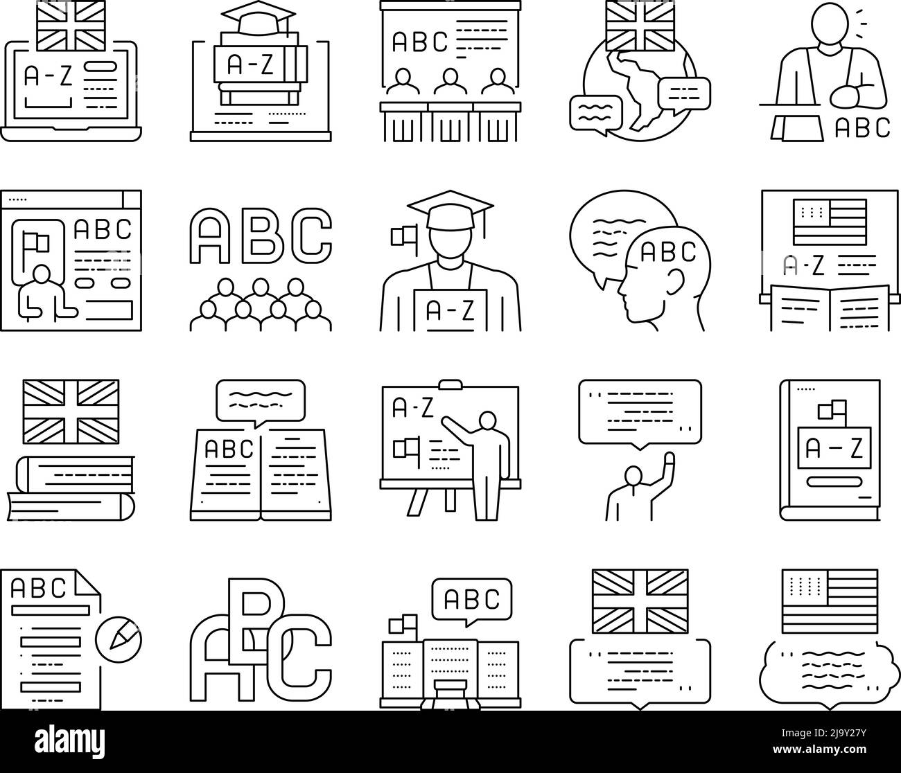 Englische Sprache Lernen An Der Schule Icons Set Vector Stock Vektor