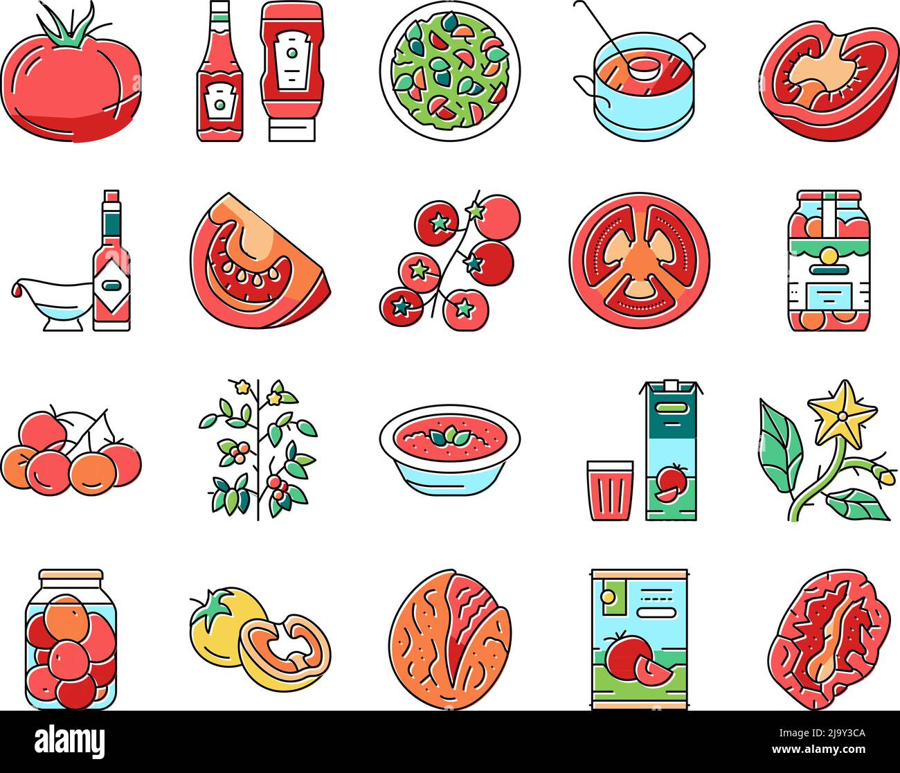 Tomate Natürliches Vitamin Gemüse Symbole Set Vektor Stock Vektor