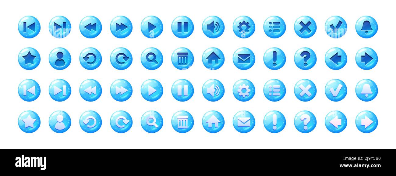 Kreis-Tasten mit blauen Gelee-Textur und Symbole für Spiel-Menü oder Website. Vektor-Cartoon-Satz von ui-Elemente aus Wasser mit Blasen, glänzende Web-Symbole isoliert auf weißem Hintergrund Stock Vektor