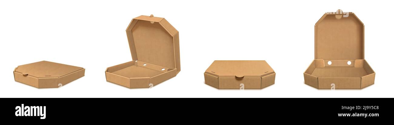 Braune Pappe Pizzakarton 3D realistische Vektor. Öffnen Sie die leere und geschlossene Kartonverpackung für die Lieferung von Fast Food, Ansicht von oben isolierte Mockup-Abbildung auf weißem Hintergrund Stock Vektor