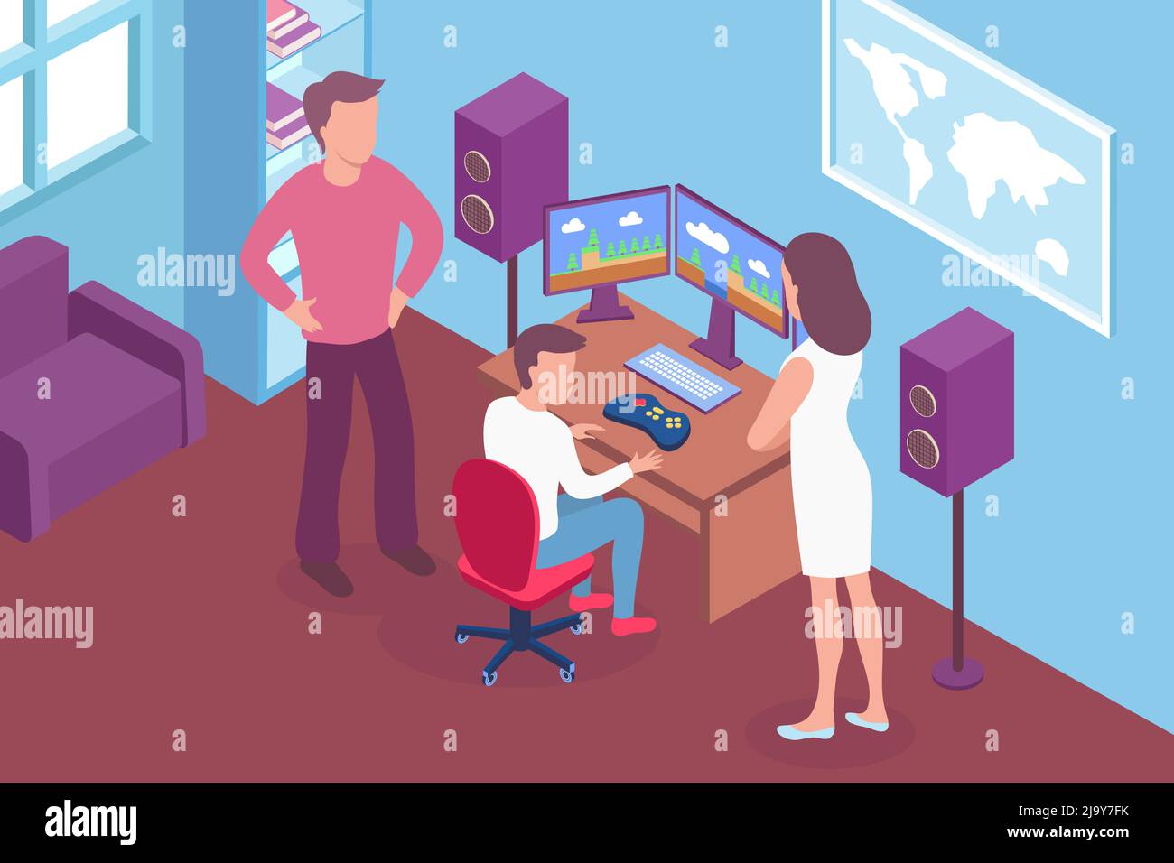 Eltern im Gespräch mit Teenager-Gamer süchtig nach Computerspielen 3d isometrische Vektor-Illustration Stock Vektor