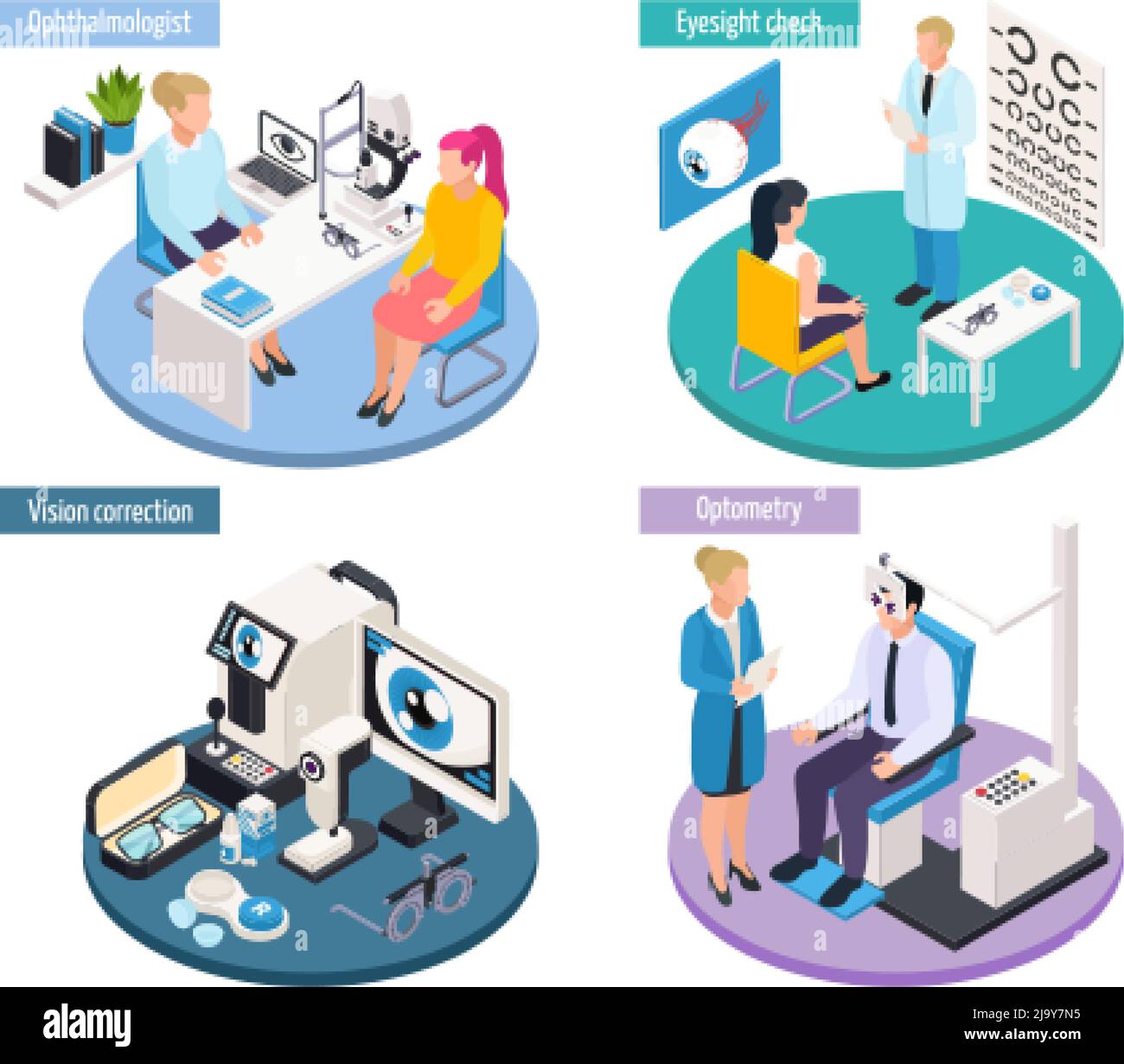 Isometrisches 2x2-Design-Konzept für die Augenheilkunde mit Szenen von medizinischen Terminen und professionellen Werkzeugen zur Sichtprüfung Vektordarstellung Stock Vektor