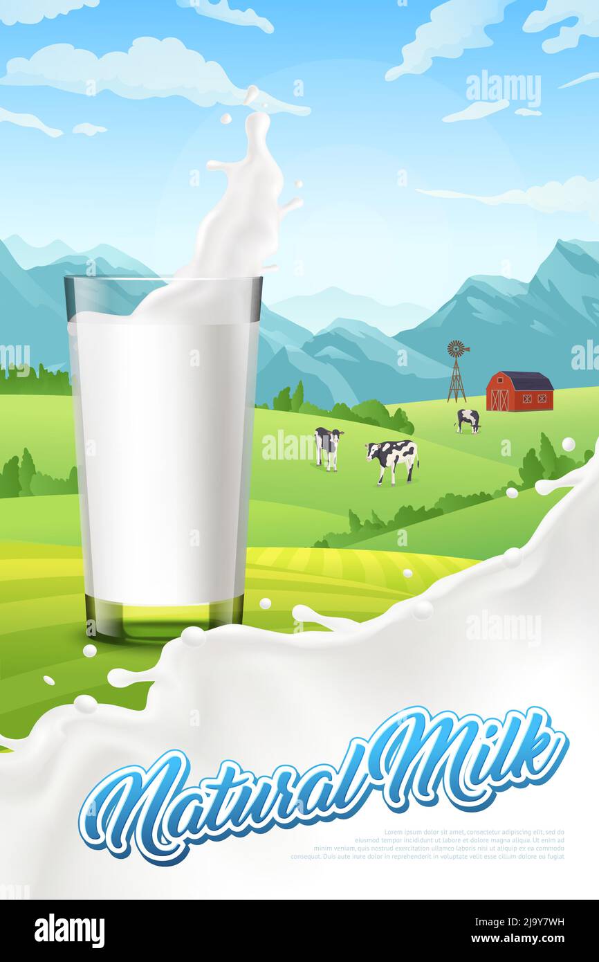 Vertikales Poster mit Glas Milch und Bauernhof auf Hintergrund realistische Vektordarstellung Stock Vektor