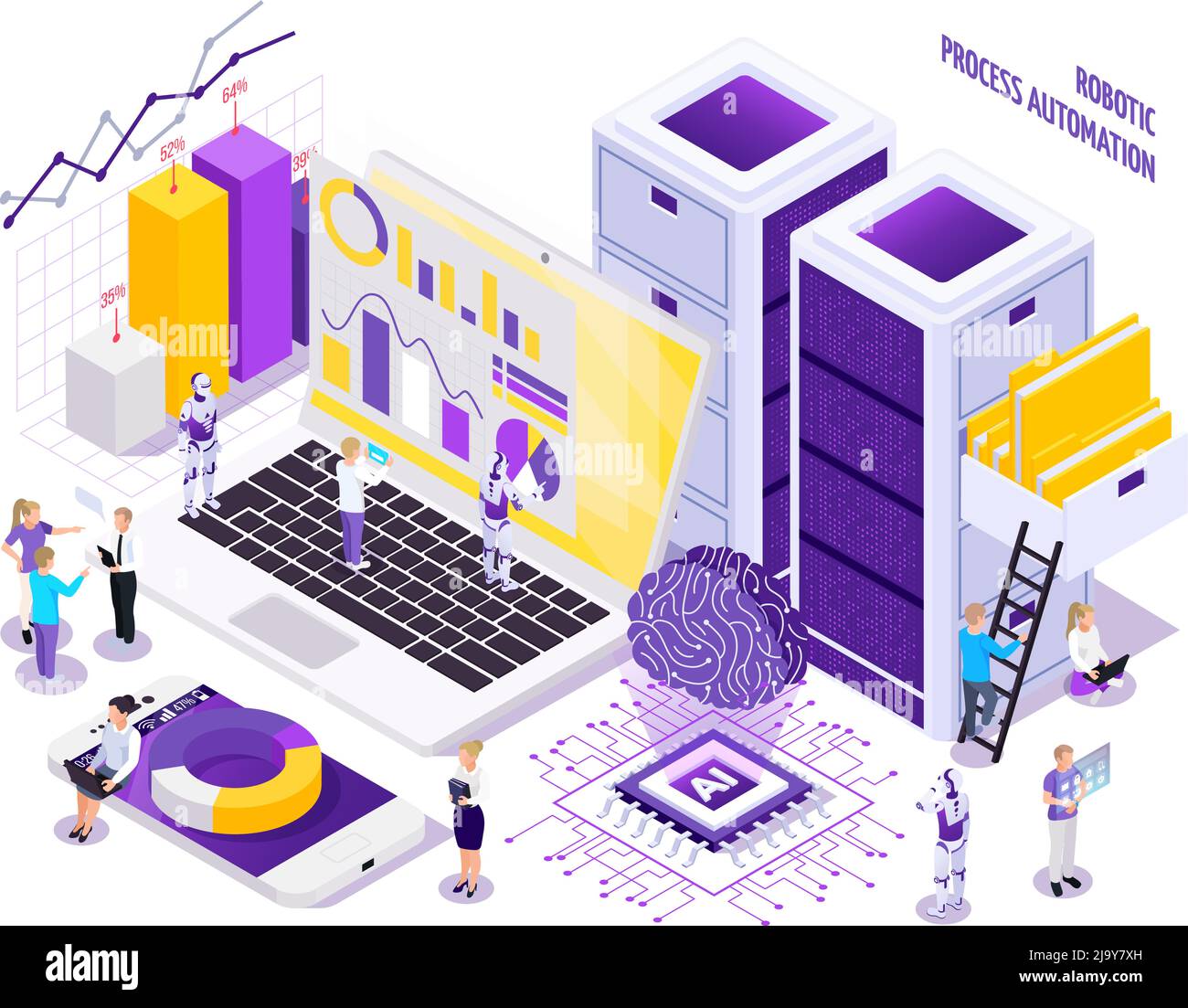 Robotische Prozessautomatisierung isometrische Zusammensetzung mit wenig menschlichen Zeichen und Bilder von Büro-Arbeitsplatz wesentliche Elemente Vektordarstellung Stock Vektor