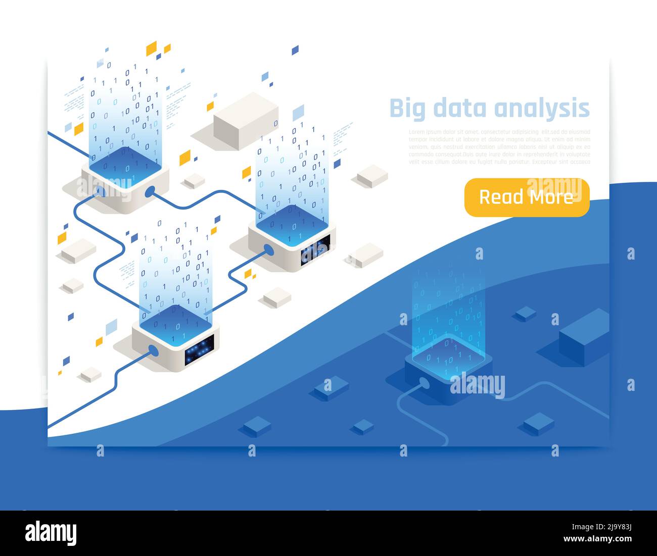 Big-Data-Storage-Transfer und Analyse-Technologien isometrische Landing Page Web-Banner High-Tech-Design Vektor-Illustration Stock Vektor