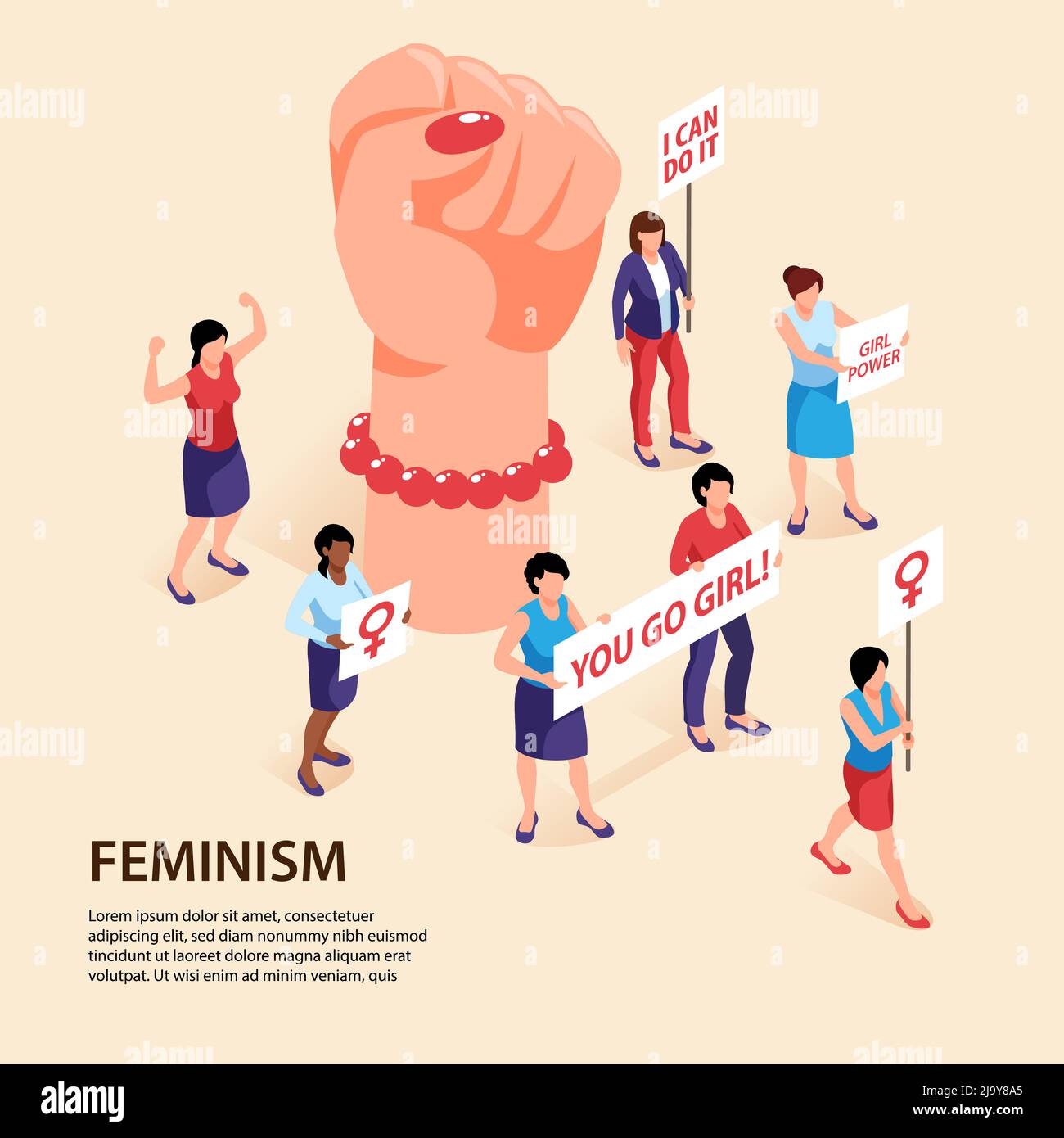 Isometrischer Feminismus Hintergrund mit editierbarem Text und Hand Faust mit Zeichen der protestierenden Frauen mit Plakaten Vektor Illustration Stock Vektor