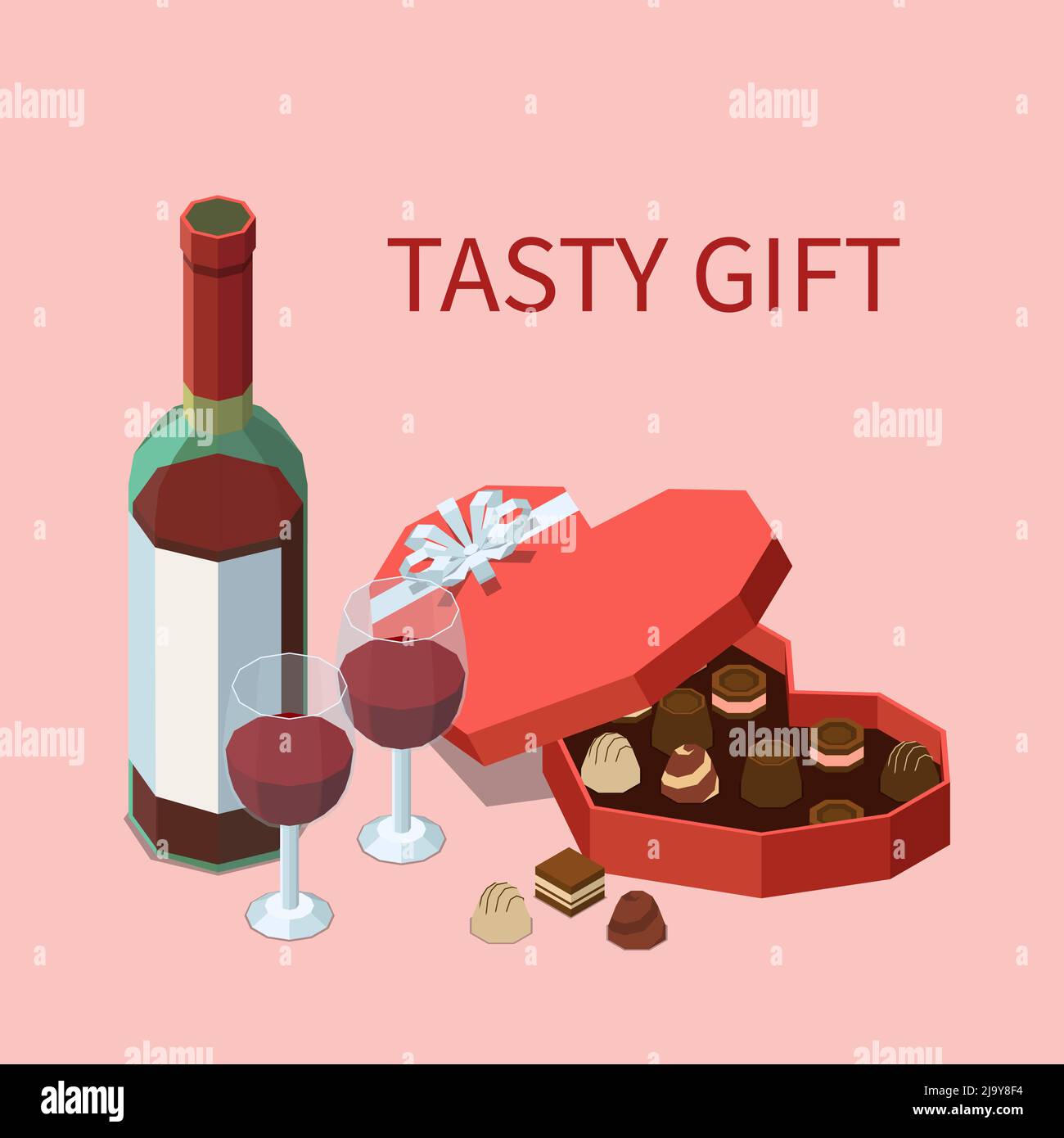 Leckeres Geschenk isomeren Hintergrund mit einer Flasche roter Rebe zwei Gläser mit Wein und offene Schachtel Pralinen Vektor-Illustration gefüllt Stock Vektor