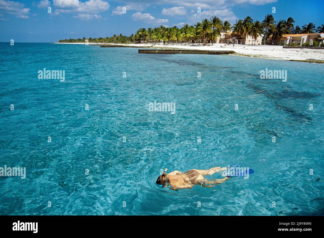 Frau schnorchelt in der kristallklaren Lagune, Strand von Maria la Gorda, Pinar del Rio, Kuba, Karibik Stockfoto