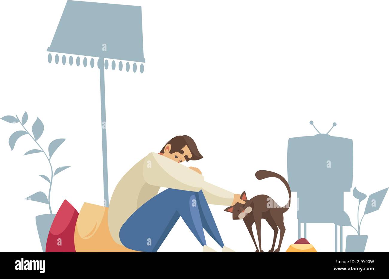 Einsame Komposition mit Charakter des Mannes allein zu Hause sitzen mit Katze und Kissen Vektor-Illustration Stock Vektor