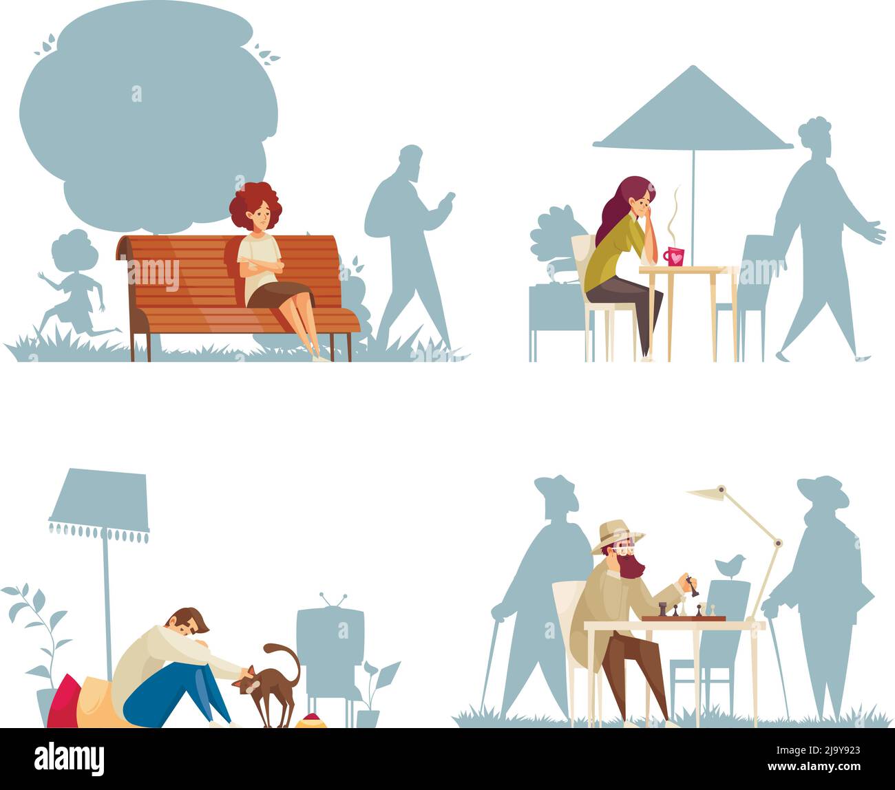 Cartoon-Kompositionen mit einsamen traurigen Menschen sitzen im Café auf der Bank spielen Schach streicheln Katzen isoliert Vektor-Illustration Stock Vektor