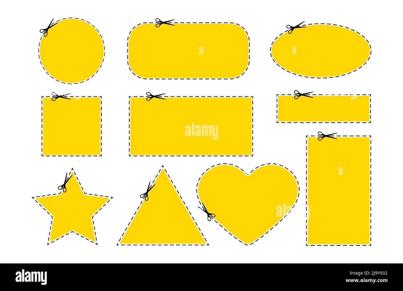 Scrissors Cut Coupon gepunktete Linie mit Strich Symbol Set. Stock Vektor