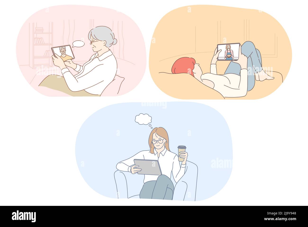 Online-Kommunikation, Chat, E-Learning-Konzept. Ältere Frau, die online mit dem Sohn auf dem Tablet kommuniziert, Mädchen, die Yoga-Unterricht ansieht, Geschäftsfrau, die sitzt und nach Informationen für das Startup sucht Stock Vektor