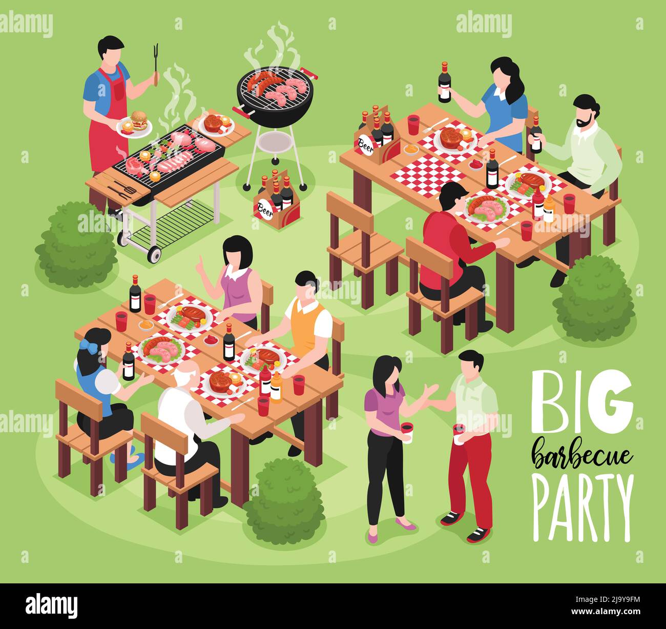 Isometrische bbq Grill Komposition mit Blick auf Outdoor-Party mit menschlichen Charakteren Tische Sitze und Grill Vektor Illustration Stock Vektor