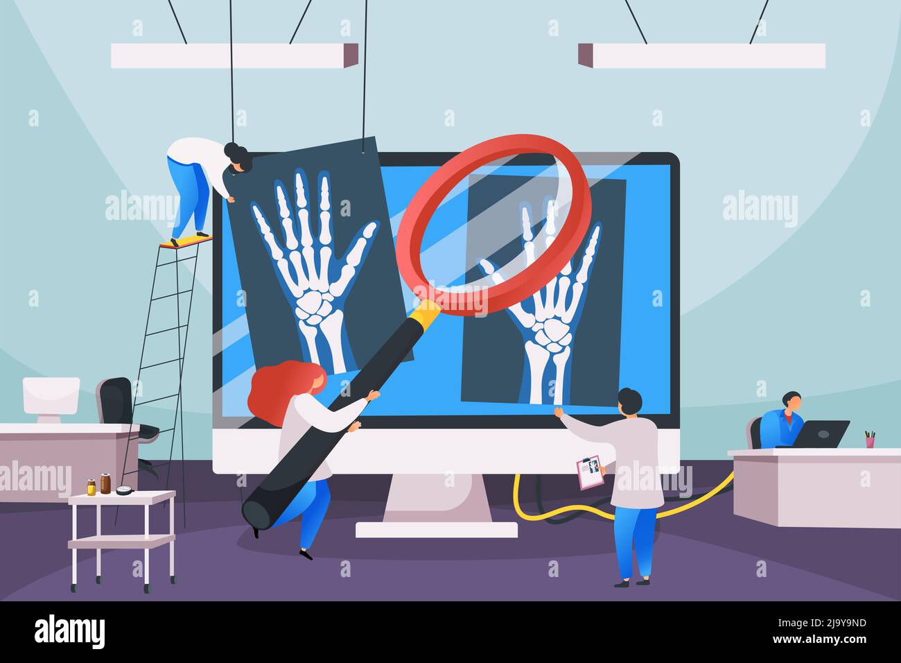 Medizinische Zentrum flache Zusammensetzung mit Desktop-Computer unter Ärzten Arbeitsplätze und Schattenfotos von menschlichen Knochen Vektor-Illustration Stock Vektor