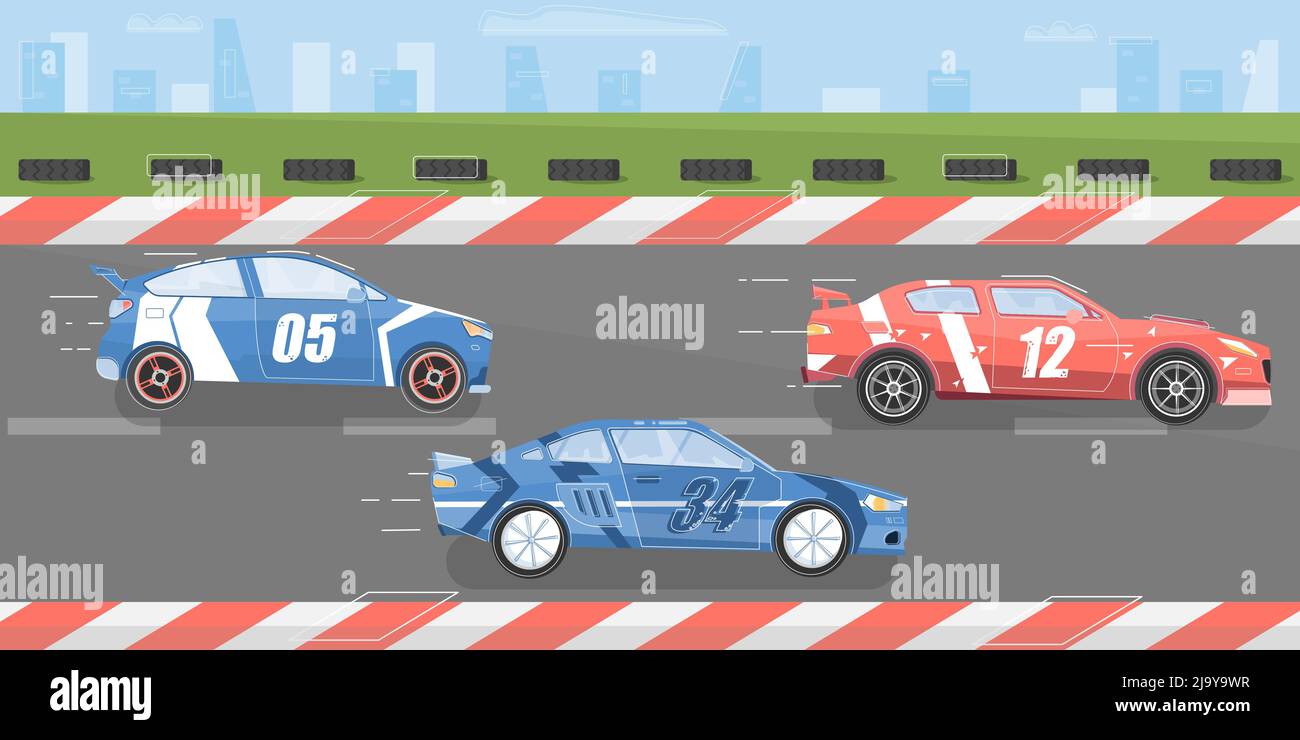 Autorennen Hintergrund mit Rennstrecke und Autos flache Vektor-Illustration Stock Vektor