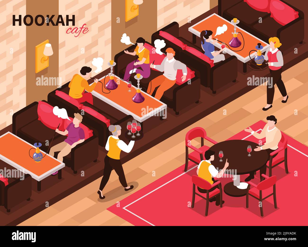 Isometrische Shisah Cafe Komposition mit Text und Innenansicht des Tabakrestaurants mit sitzender Raucher Vektor Illustration Stock Vektor