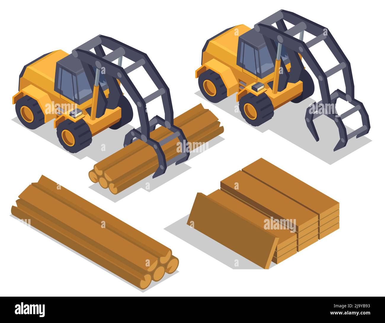 Sägewerk Holzwerk Holzfäller isometrische Zusammensetzung mit isolierten Bildern von industriellen Lader Manipulator Fahrzeuge und Holz Vektor Illustration Stock Vektor