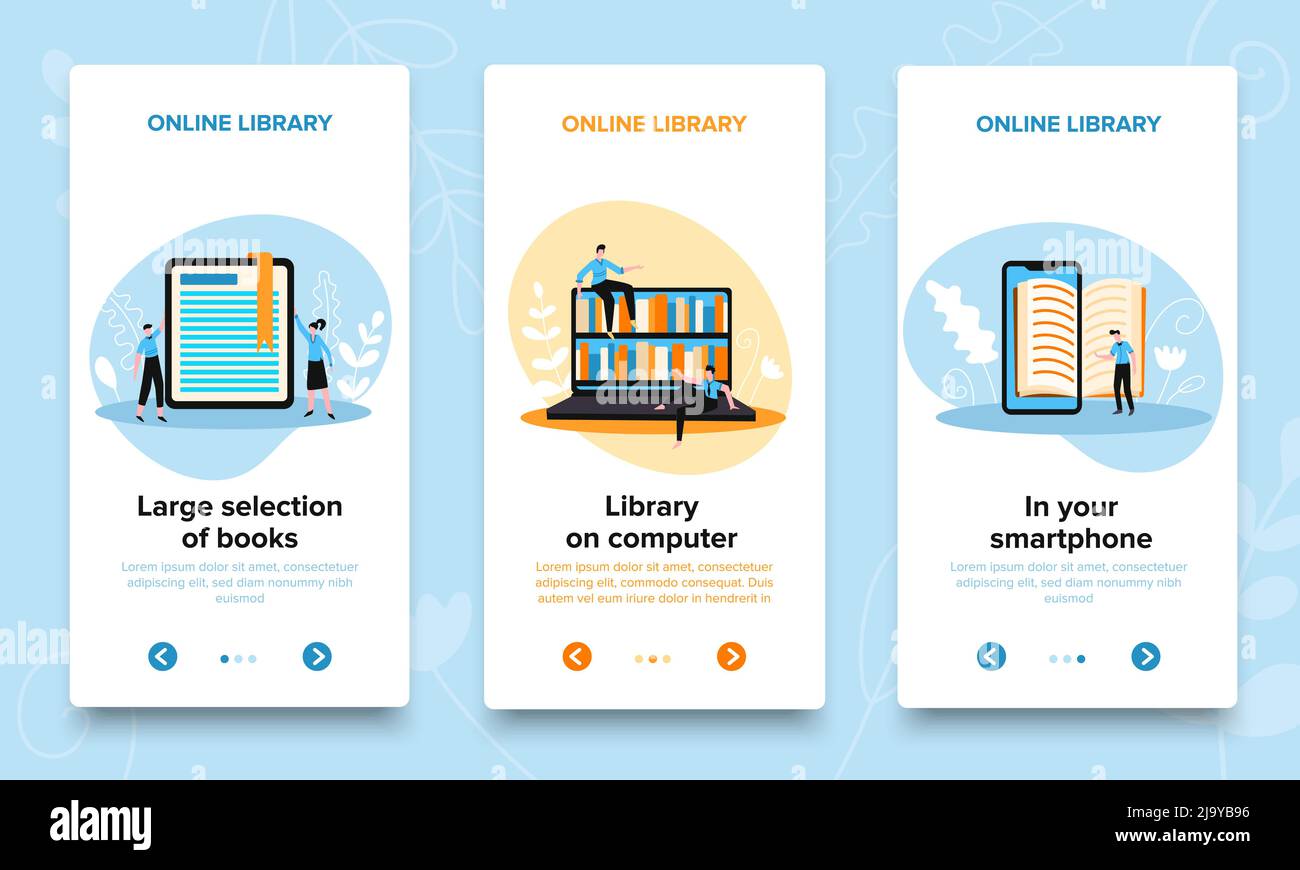 Vertikale Banner für Online-Bibliothek mit bearbeitbarem Textseiten-Switch Schaltflächen mit Pfeilen und Doodle-Bilder Vektordarstellung Stock Vektor