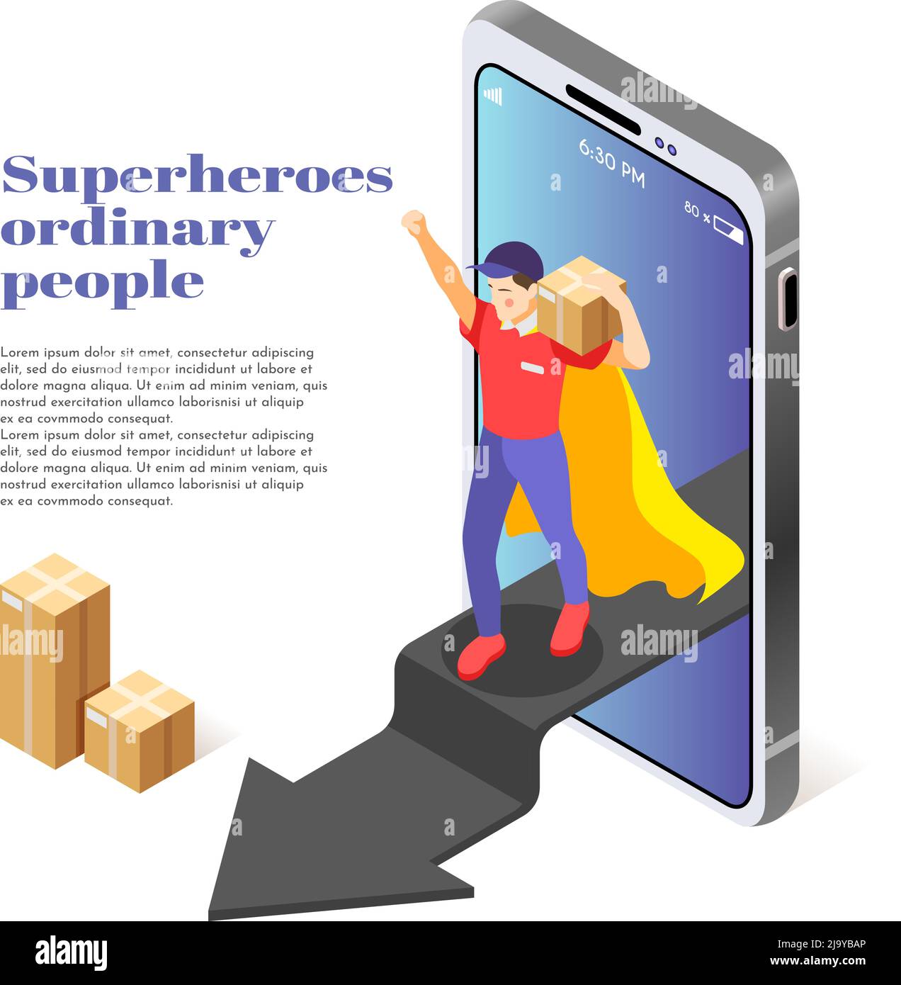 Gewöhnliche Menschen als Superhelden isometrische Zusammensetzung mit Kurierdienst Mann Lieferung Paket Aussteigen Smartphone Vektor Illustration Stock Vektor