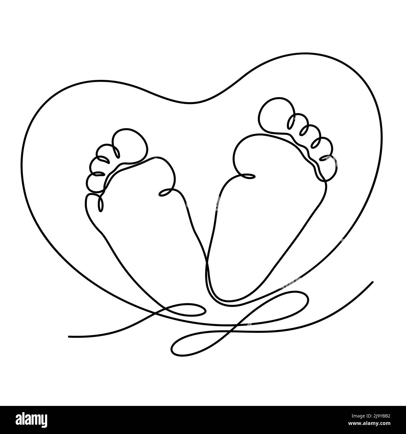 Kleine Baby Füße mit Herz Form Linie Kunst Vektor Illustration. Eine Linie zeichnen und kontinuierlichen Stil Stock Vektor
