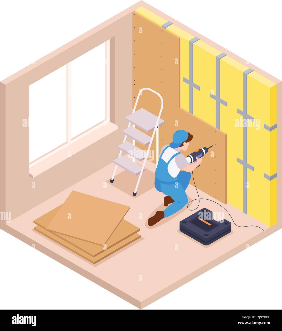 Isometrische Reparaturen Zusammensetzung mit Blick auf das Wohnzimmer mit Charakter der Werkstatt Renovierung Wand Vektor-Illustration Stock Vektor