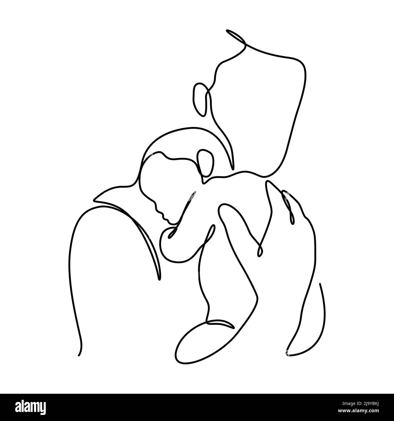 Happy Father's Day kontinuierliche Linie Kunst Illustration. Baby schläft auf Vater Schulter Kontur zeichnen Vektor. Stock Vektor