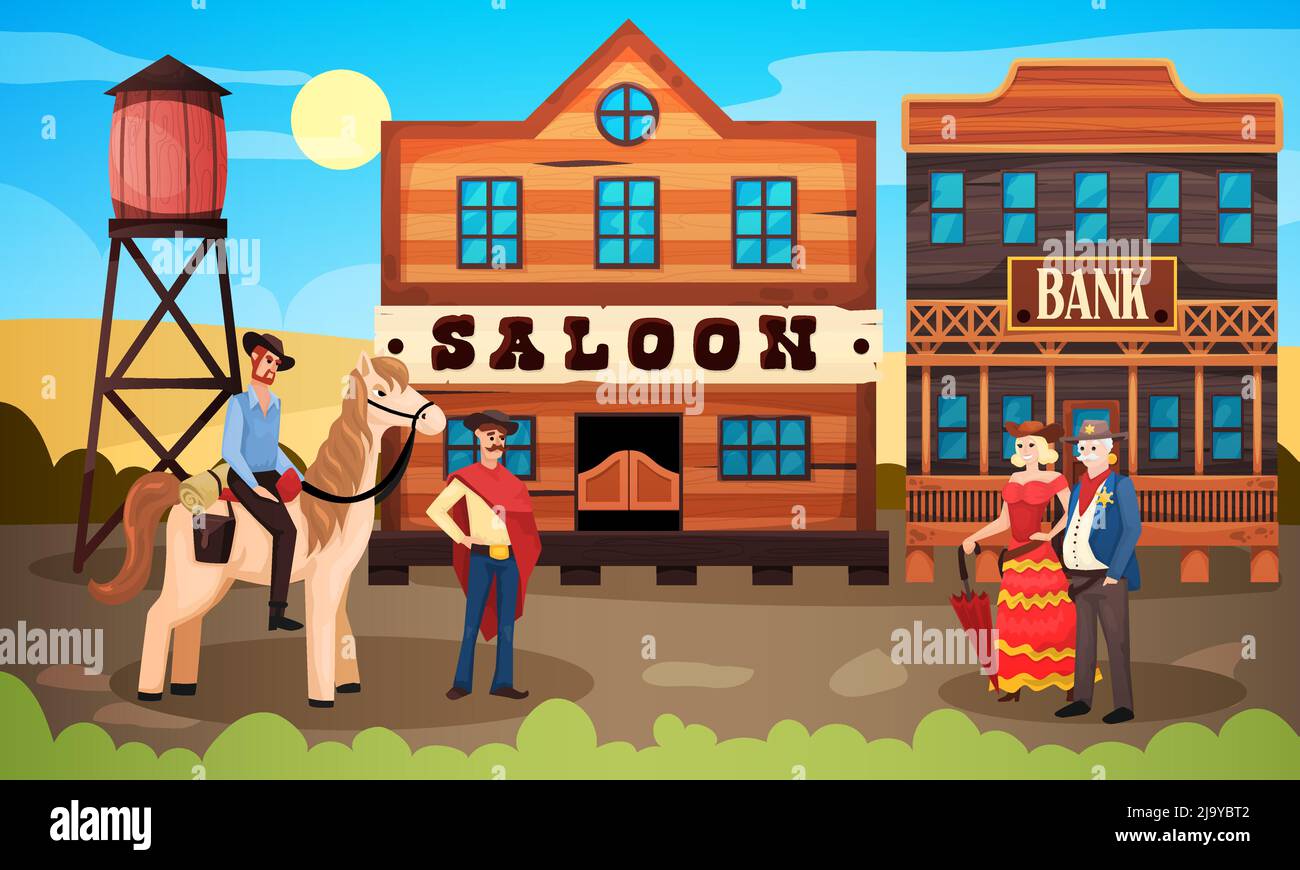 Wild West Cowboy Komposition mit Vintage Stadt Landschaft Stadt Straße mit Saloon Bank und menschlichen Charakteren Vektor-Illustration Stock Vektor