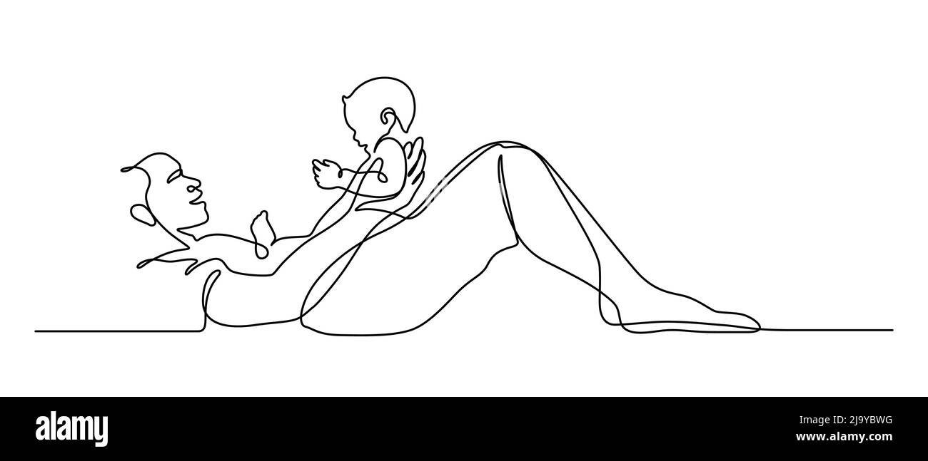 Baby sitzt auf dem Körper des Vaters legte sich auf Grundlinie Kunst Vektor-Illustration. Eine Linie zeichnen und kontinuierlichen Stil Stock Vektor
