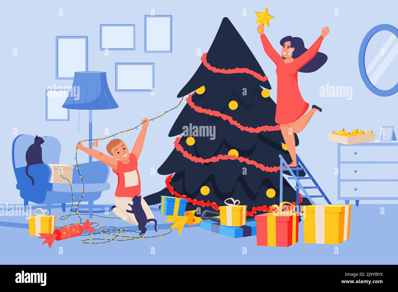 Glückliche Feier Menschen Komposition mit Indoor-Landschaft Mutter und Sohn Dekoration weihnachtsbaum mit Lichterketten Vektor Illustration Stock Vektor